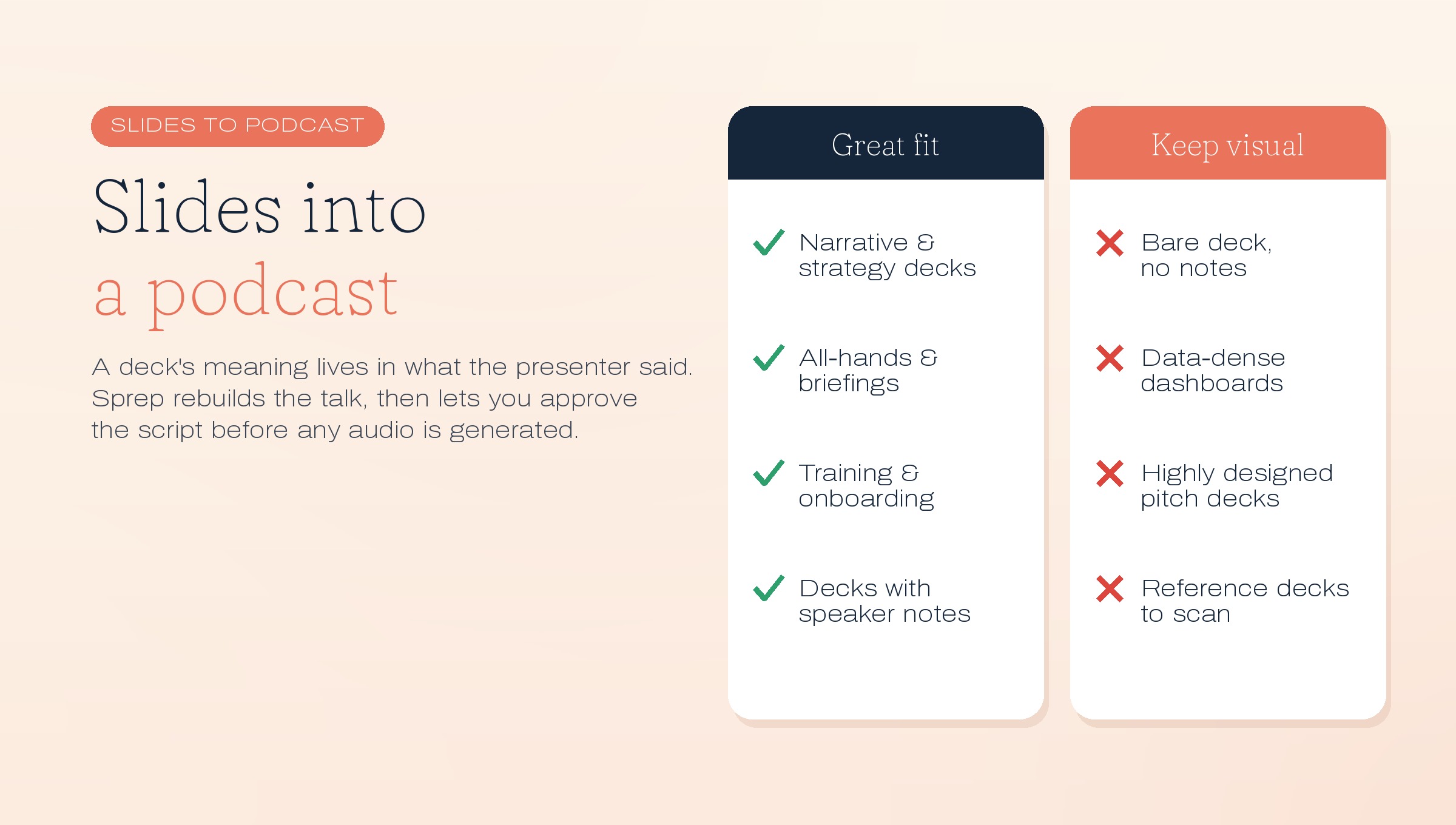 Which slide decks work as podcasts and which stay visual: narrative and strategy decks, all-hands and briefings, training and onboarding, and decks with speaker notes are a great fit; bare decks with no notes, data-dense dashboards, highly designed pitch decks, and reference decks should stay visual